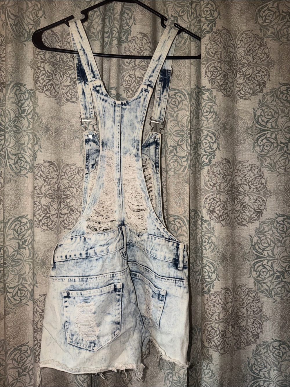 Light Wash Distressed Denim Short Overalls for Women